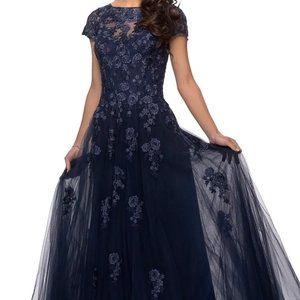 La Femme Navy Blue Embellished Mesh A-Line Gown